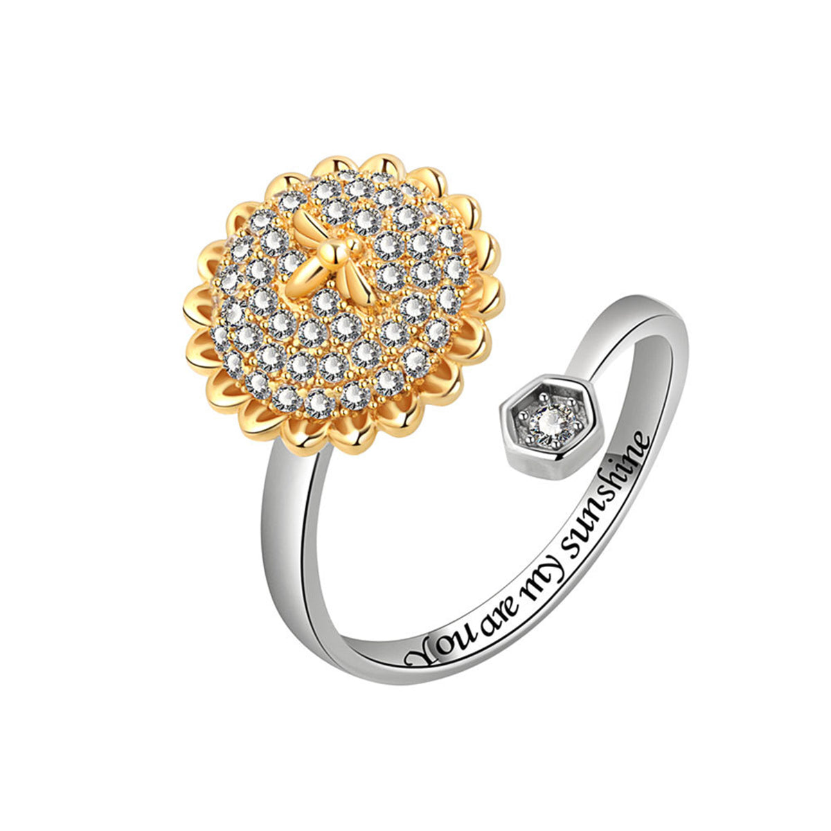 Cubic Zirconia & Two Tone Rotating Sunflower & Bee Bypass Ring