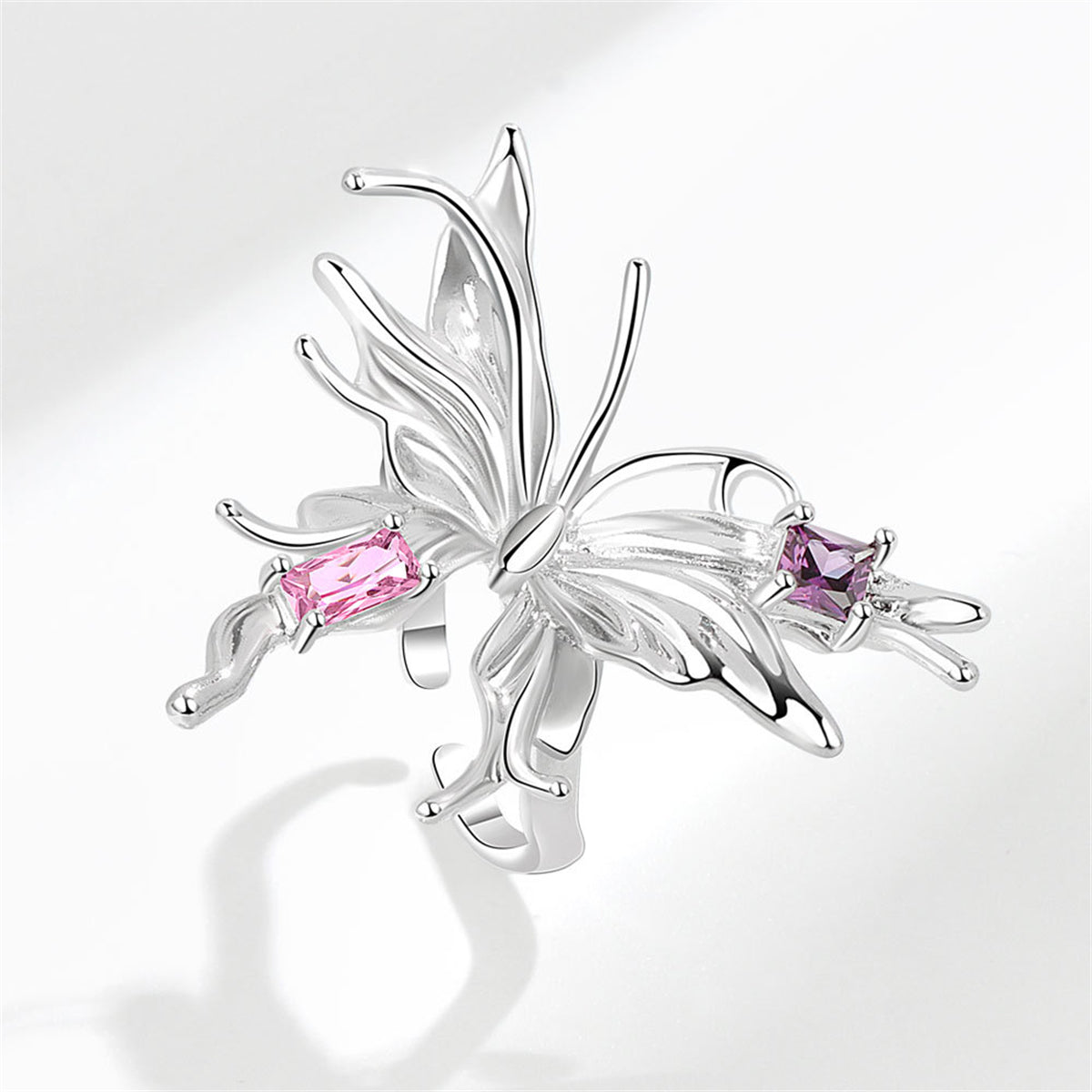 Pink Crystal & Silver-Plated Butterfly Open Ring