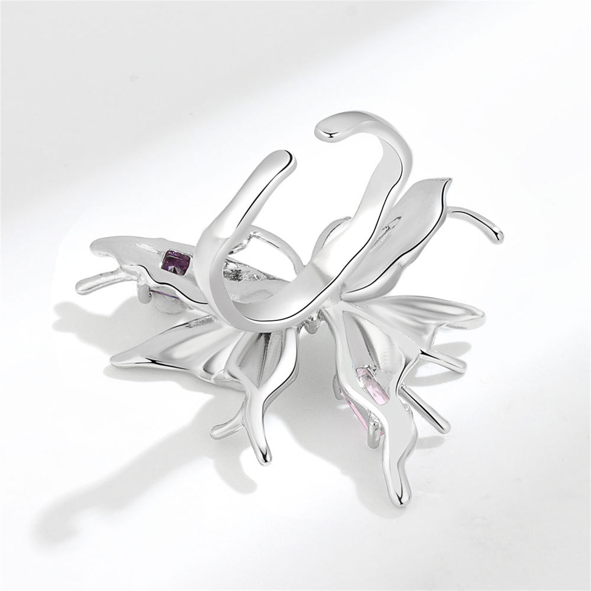 Pink Crystal & Silver-Plated Butterfly Open Ring