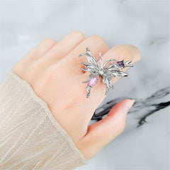 Pink Crystal & Silver-Plated Butterfly Open Ring