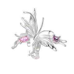 Pink Crystal & Silver-Plated Butterfly Open Ring