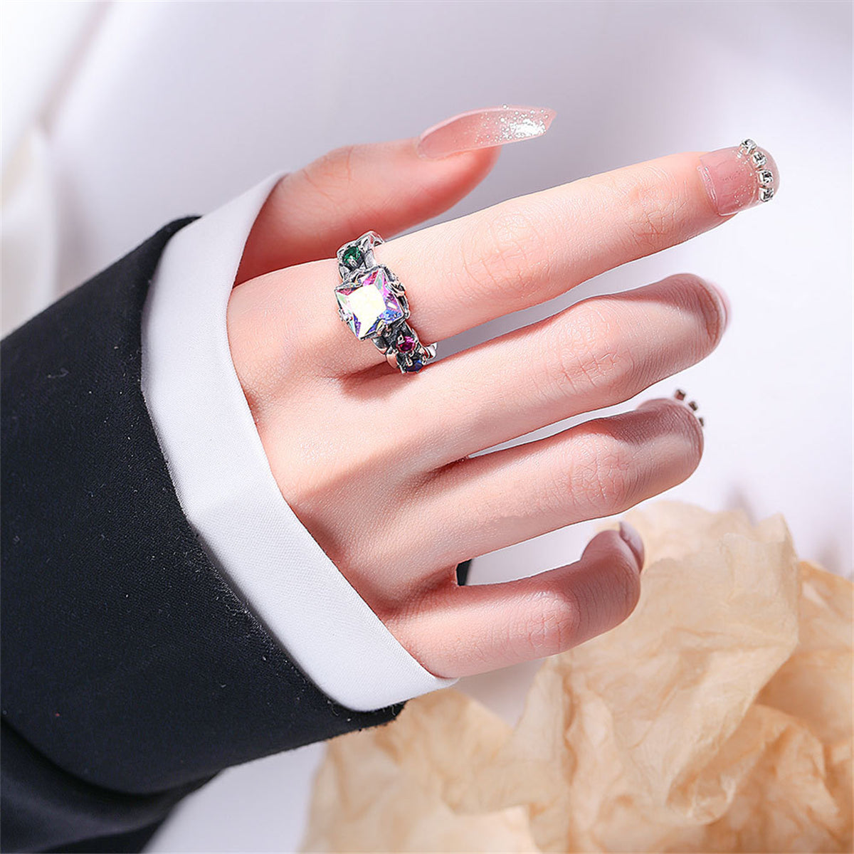 Crystal & Silver-Plated Square-Cut Chain Cuff Ring