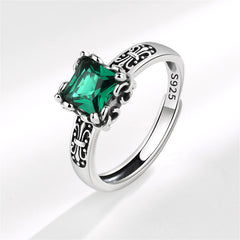 Green Crystal & Silver-Plated Princess-Cut Ring