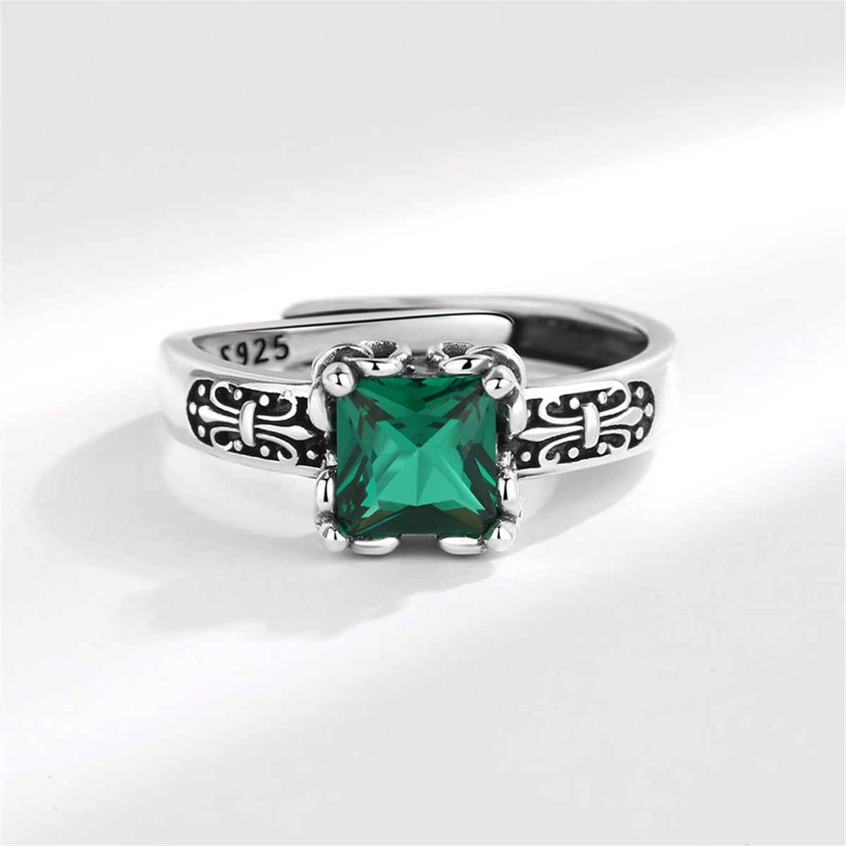 Green Crystal & Silver-Plated Princess-Cut Ring