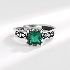 Green Crystal & Silver-Plated Princess-Cut Ring