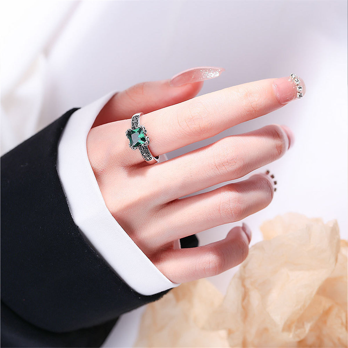 Green Crystal & Silver-Plated Princess-Cut Ring