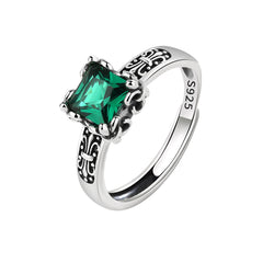 Green Crystal & Silver-Plated Princess-Cut Ring