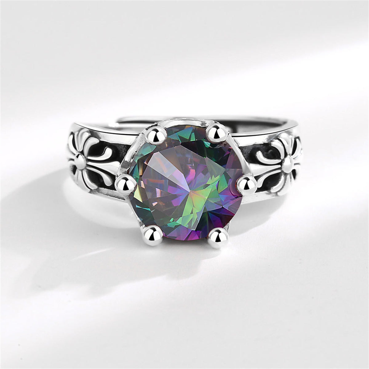 Purple Crystal & Silver-Plated Round Ring