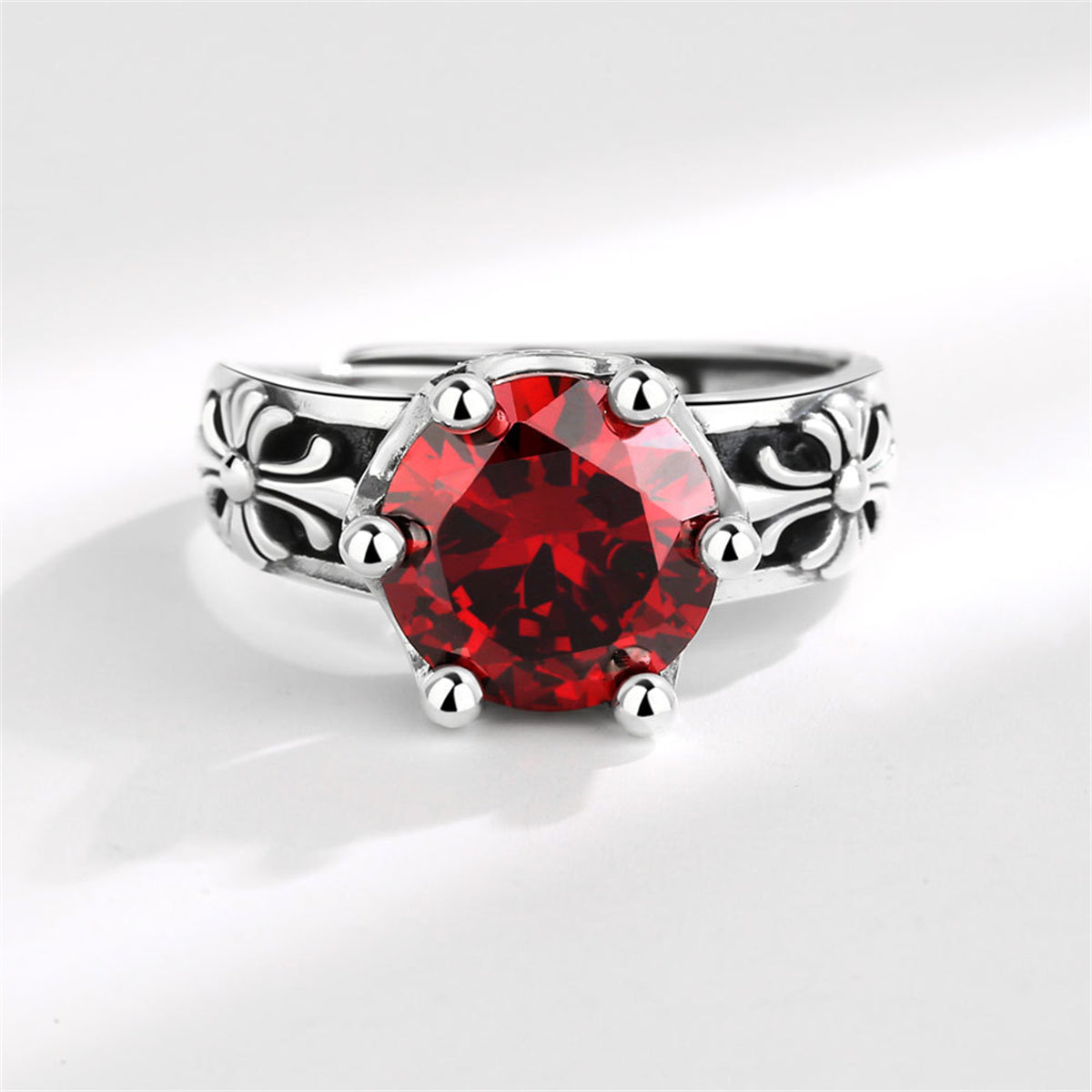 Red Crystal & Silver-Plated Floral Adjustable Ring