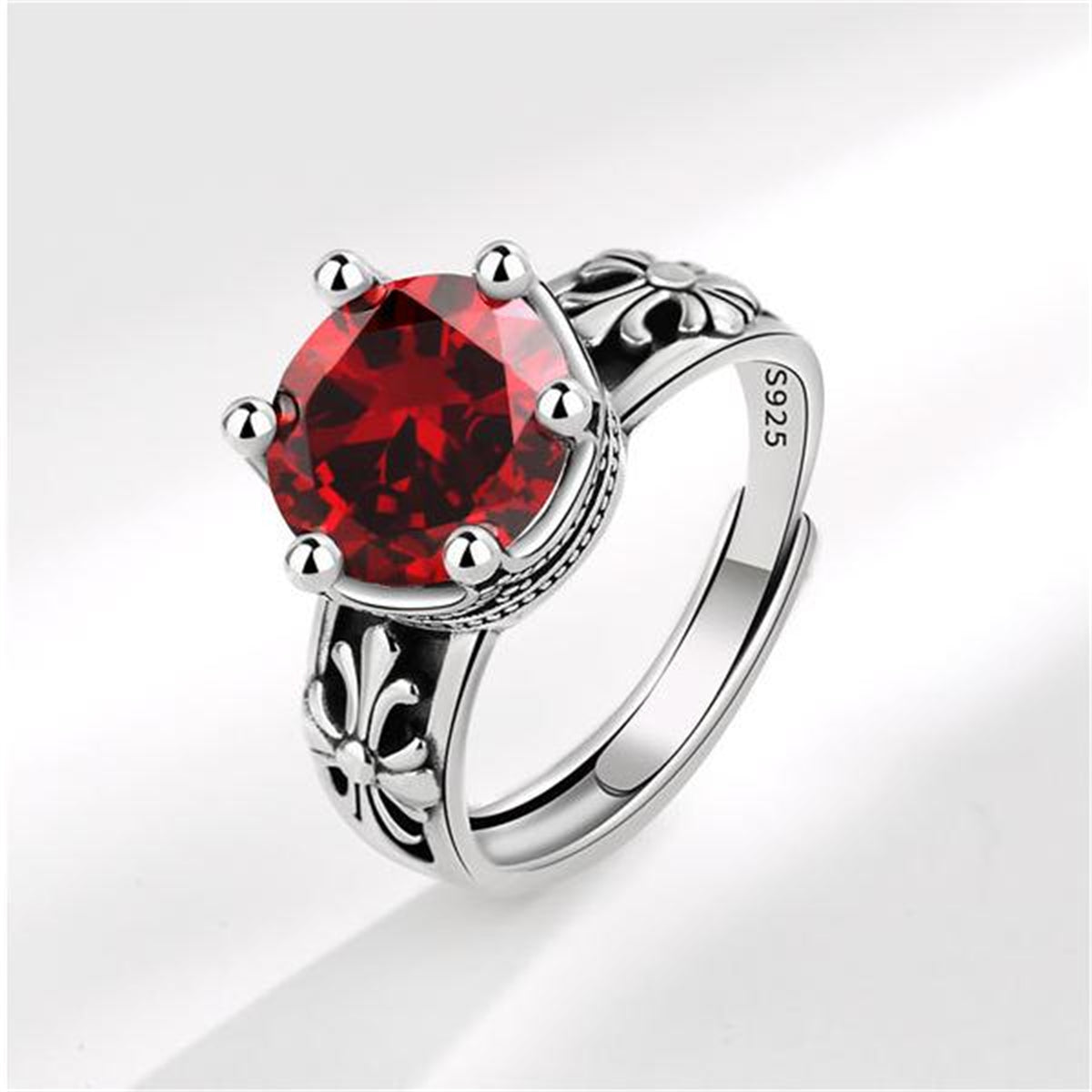 Red Crystal & Silver-Plated Floral Adjustable Ring