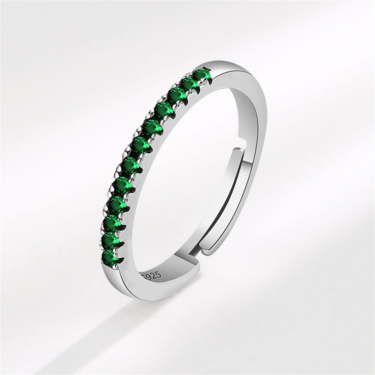 Green Cubic Zirconia & Silver-Plated Thin Adjustable Ring