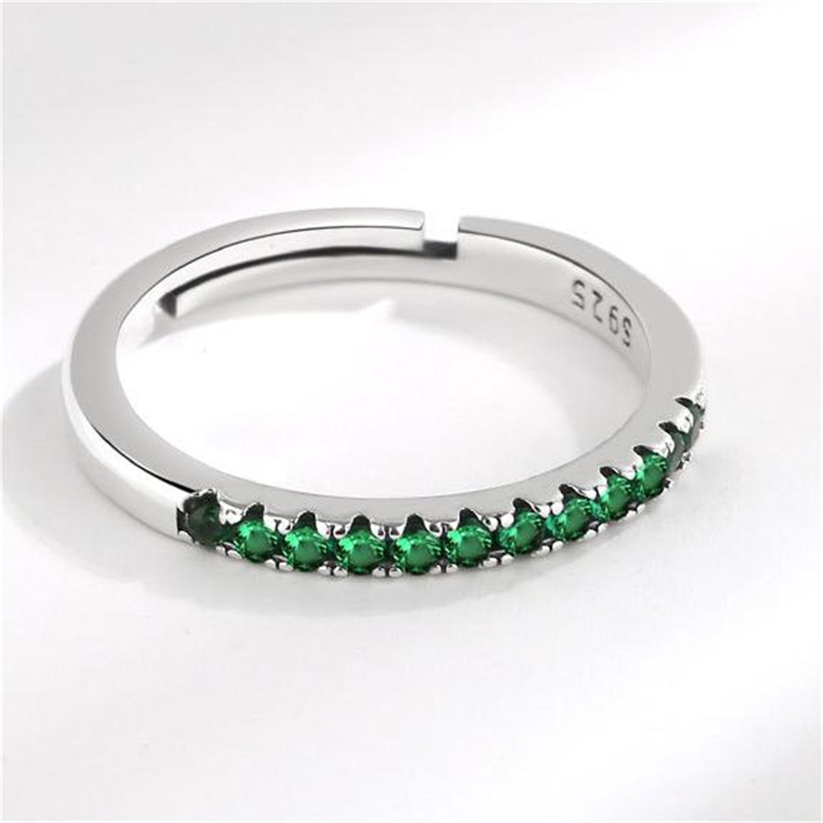 Green Cubic Zirconia & Silver-Plated Thin Adjustable Ring