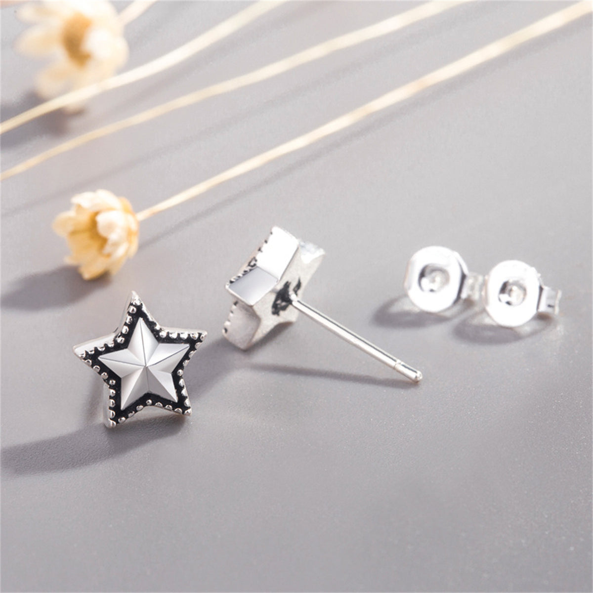 Black Enamel & Silver-Plated Star Stud Earrings