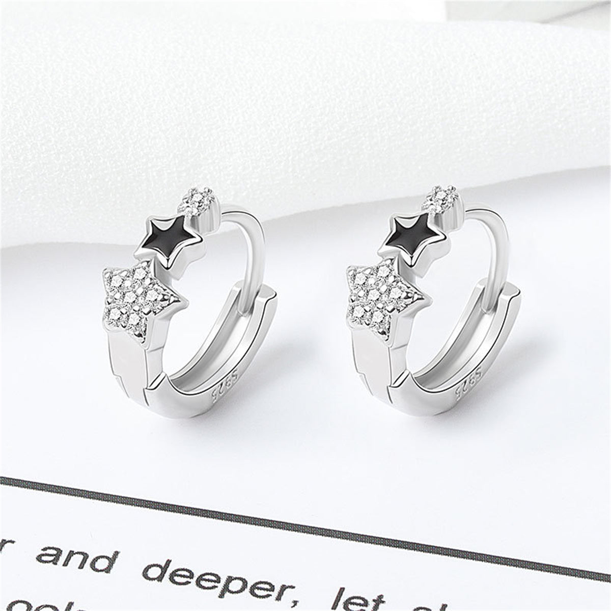 Cubic Zirconia & Enamel Silver-Plated Star Huggie Earrings