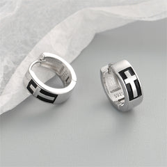 Black Enamel & Silver-Plated Cross Huggie Earrings