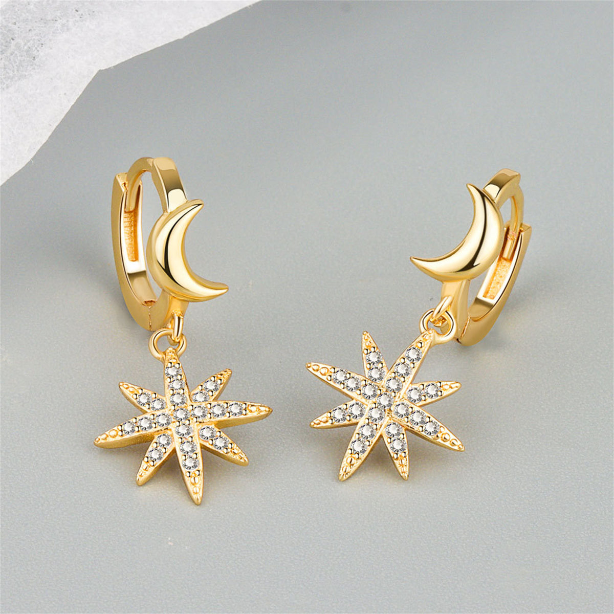 Cubic Zirconia & 18K Gold-Plated Moon Star Huggie Earrings