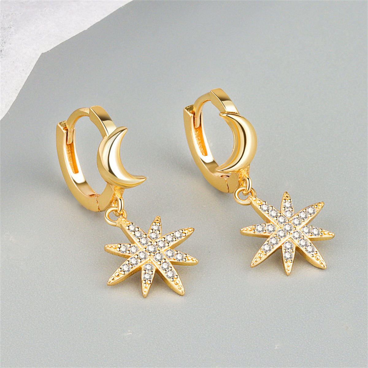 Cubic Zirconia & 18K Gold-Plated Moon Star Huggie Earrings