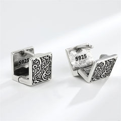 Black Enamel & Silver-Plated Rattan Square Huggie Earrings