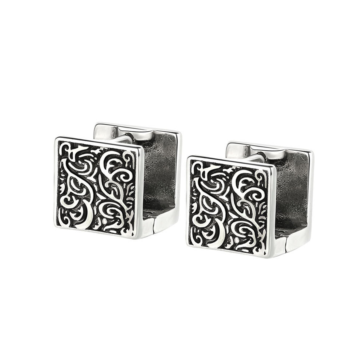 Black Enamel & Silver-Plated Rattan Square Huggie Earrings