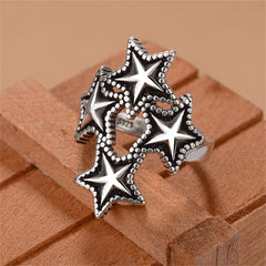 Black Enamel & Silver-Plated Star Cluster Open Ring