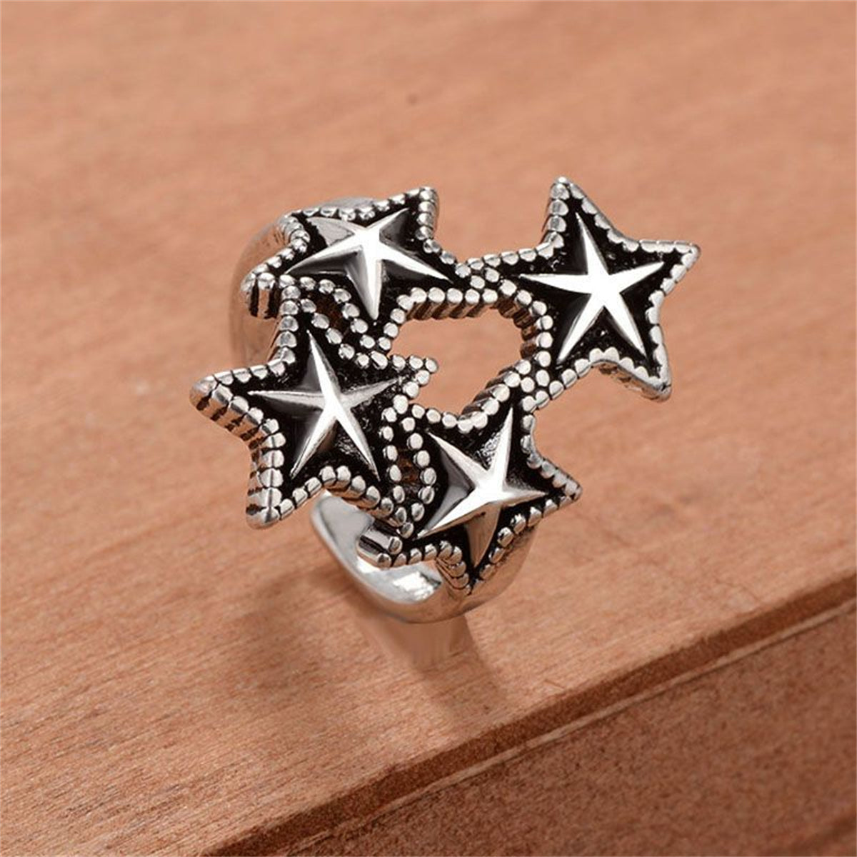 Black Enamel & Silver-Plated Star Cluster Open Ring