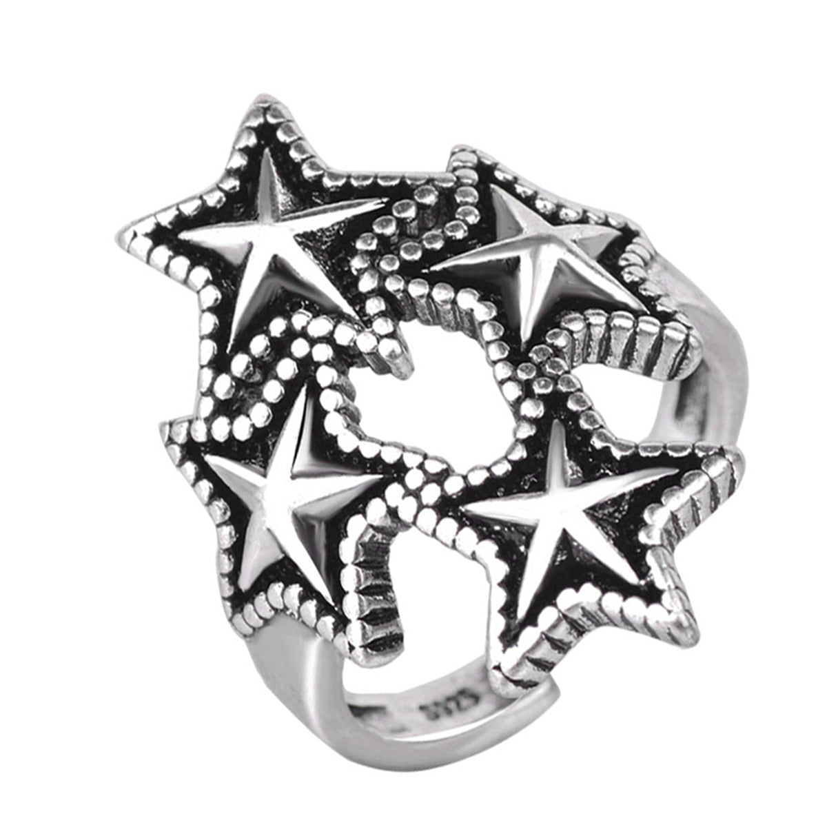 Black Enamel & Silver-Plated Star Cluster Open Ring