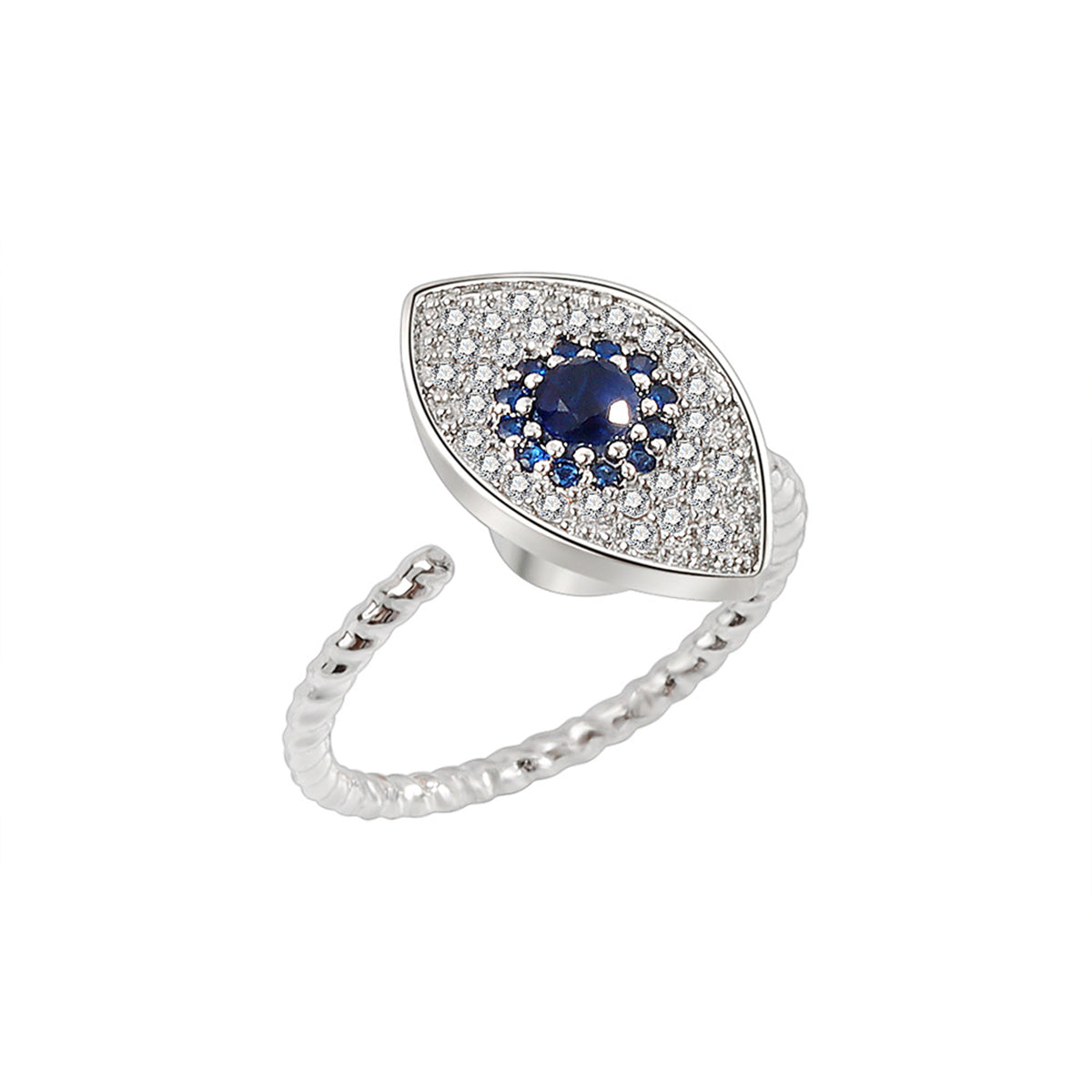 Blue Crystal & Cubic Zirconia Silver-Plated Rotating Eye Open Ring