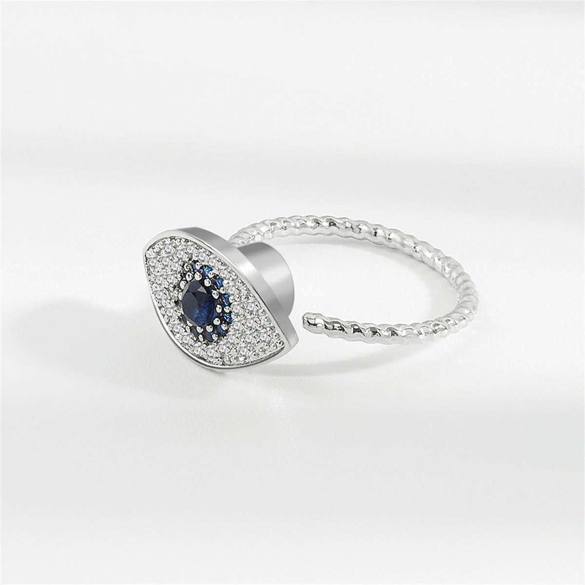 Blue Crystal & Cubic Zirconia Silver-Plated Rotating Eye Open Ring