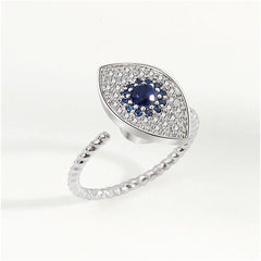 Blue Crystal & Cubic Zirconia Silver-Plated Rotating Eye Open Ring