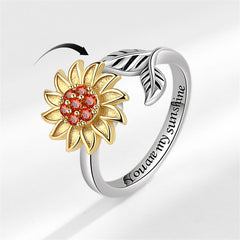 Red Cubic Zirconia & Two-Tone Rotating Sunflower Bypass Ring