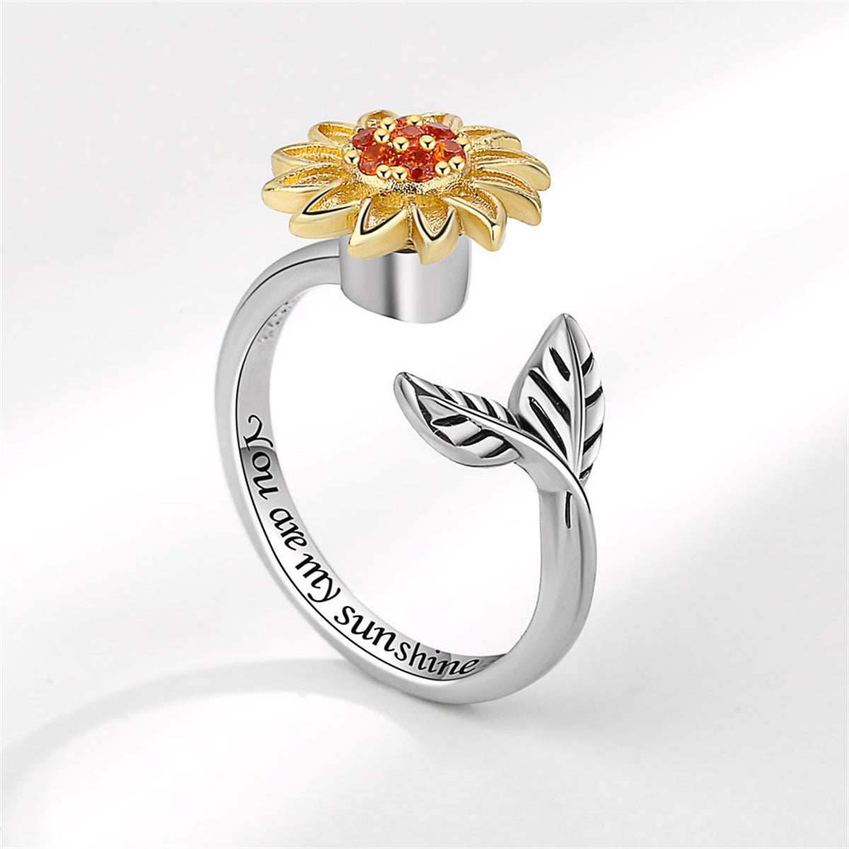 Red Cubic Zirconia & Two-Tone Rotating Sunflower Bypass Ring