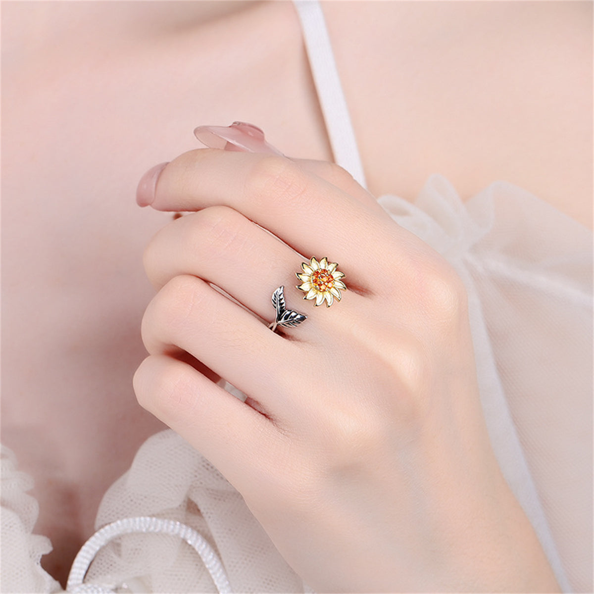 Red Cubic Zirconia & Two-Tone Rotating Sunflower Bypass Ring