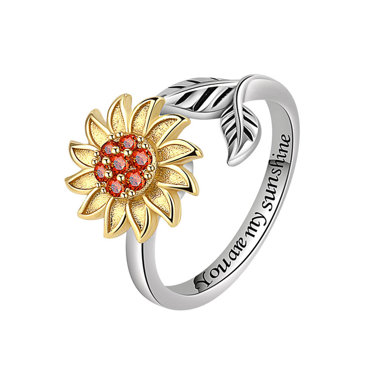 Red Cubic Zirconia & Two-Tone Rotating Sunflower Bypass Ring