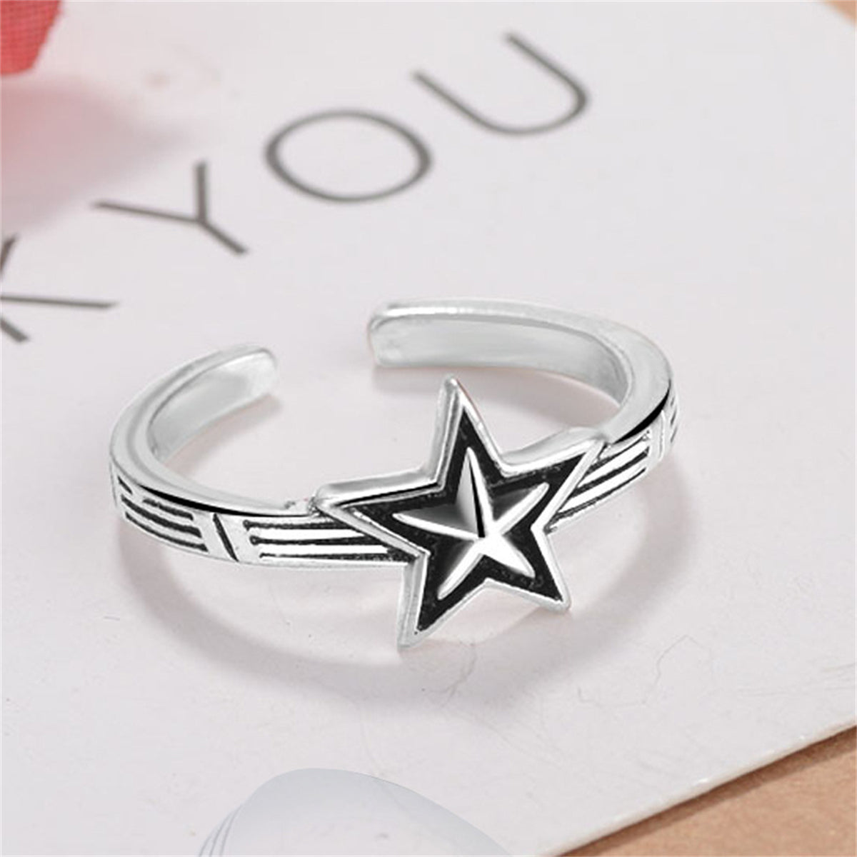 Silver-Plated & Black Star Open Ring