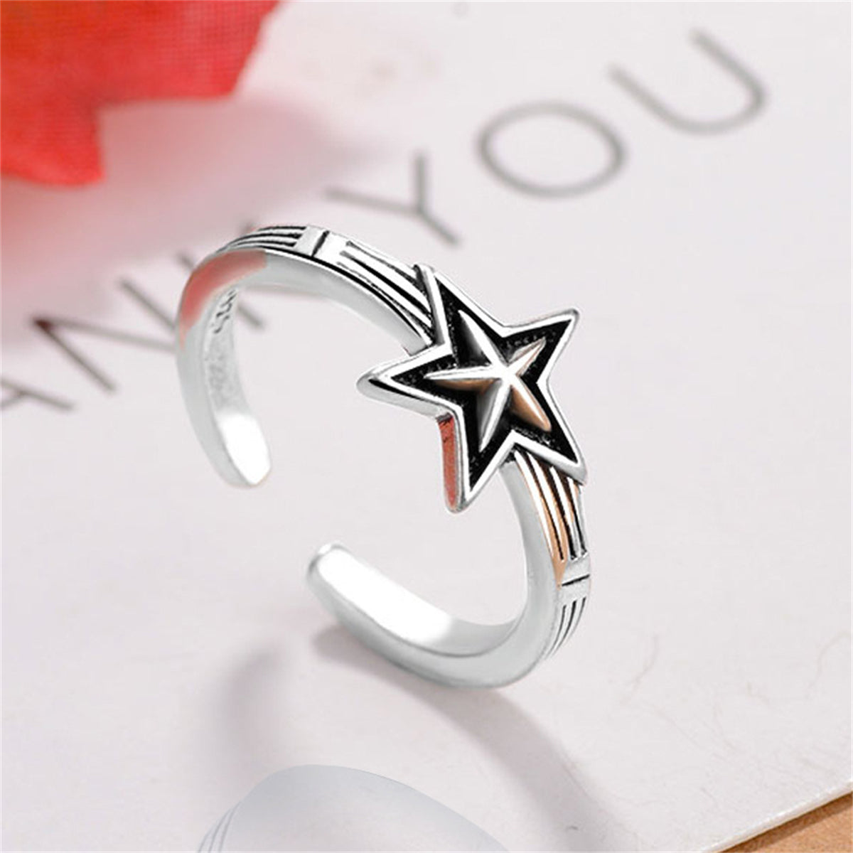 Silver-Plated & Black Star Open Ring