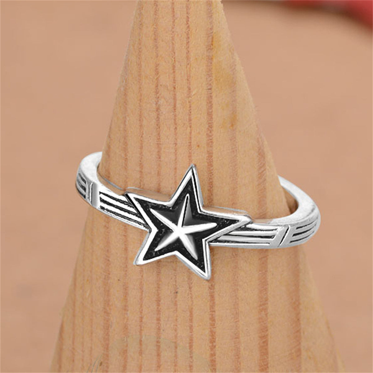 Silver-Plated & Black Star Open Ring