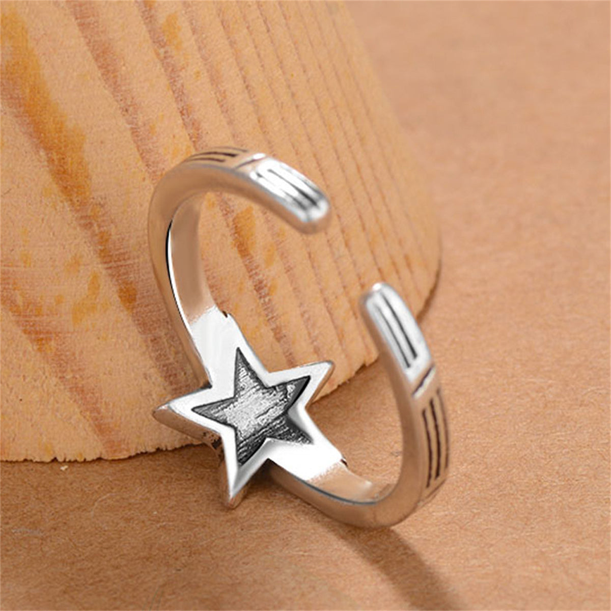 Silver-Plated & Black Star Open Ring