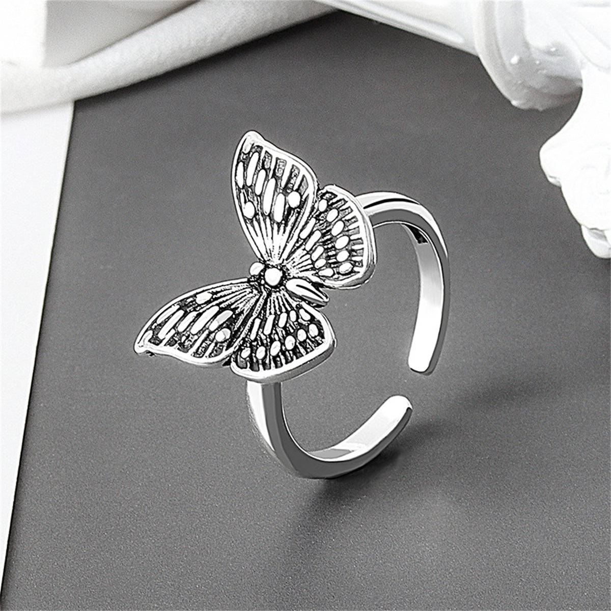 Black Enamel & Silver-Plated Butterfly Open Ring