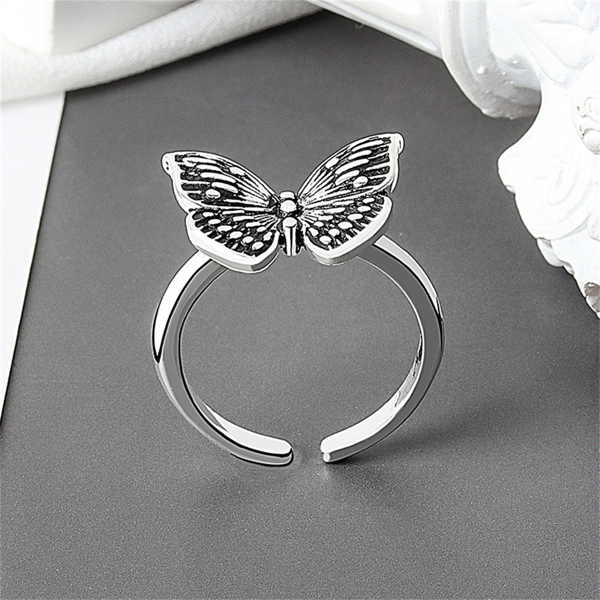 Black Enamel & Silver-Plated Butterfly Open Ring