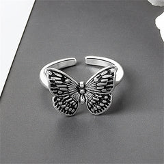 Black Enamel & Silver-Plated Butterfly Open Ring