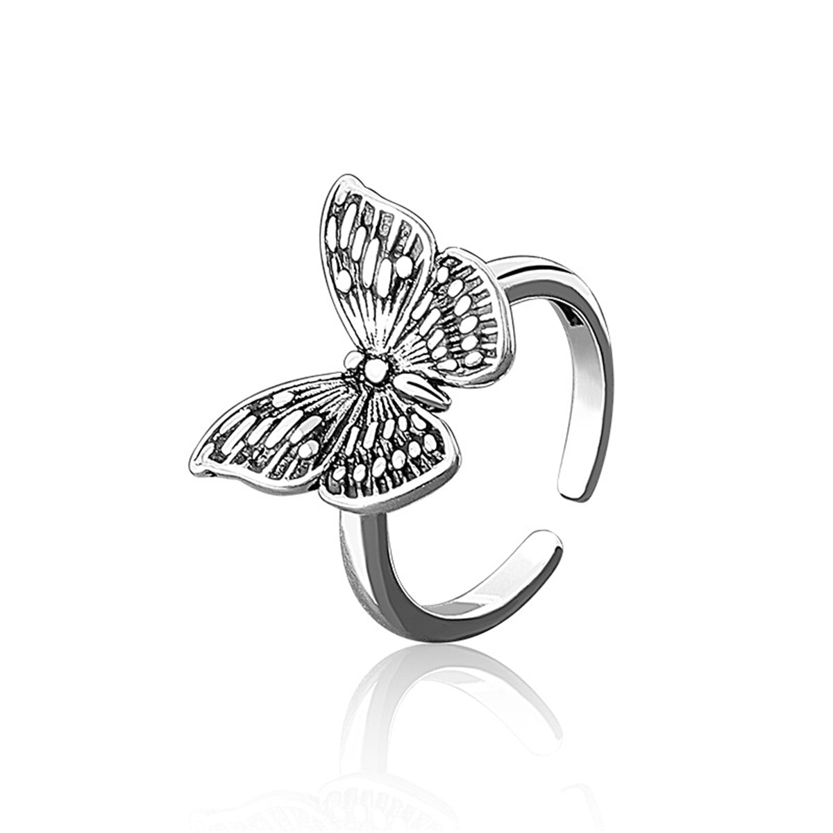 Black Enamel & Silver-Plated Butterfly Open Ring