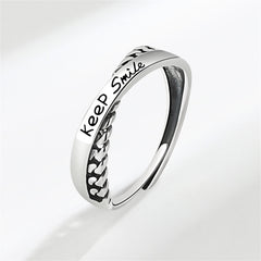 Black Enamel & Silver-Plated Crisscross Twine 'Keep Smile' Adjustable Ring