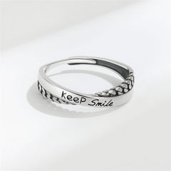 Black Enamel & Silver-Plated Crisscross Twine 'Keep Smile' Adjustable Ring