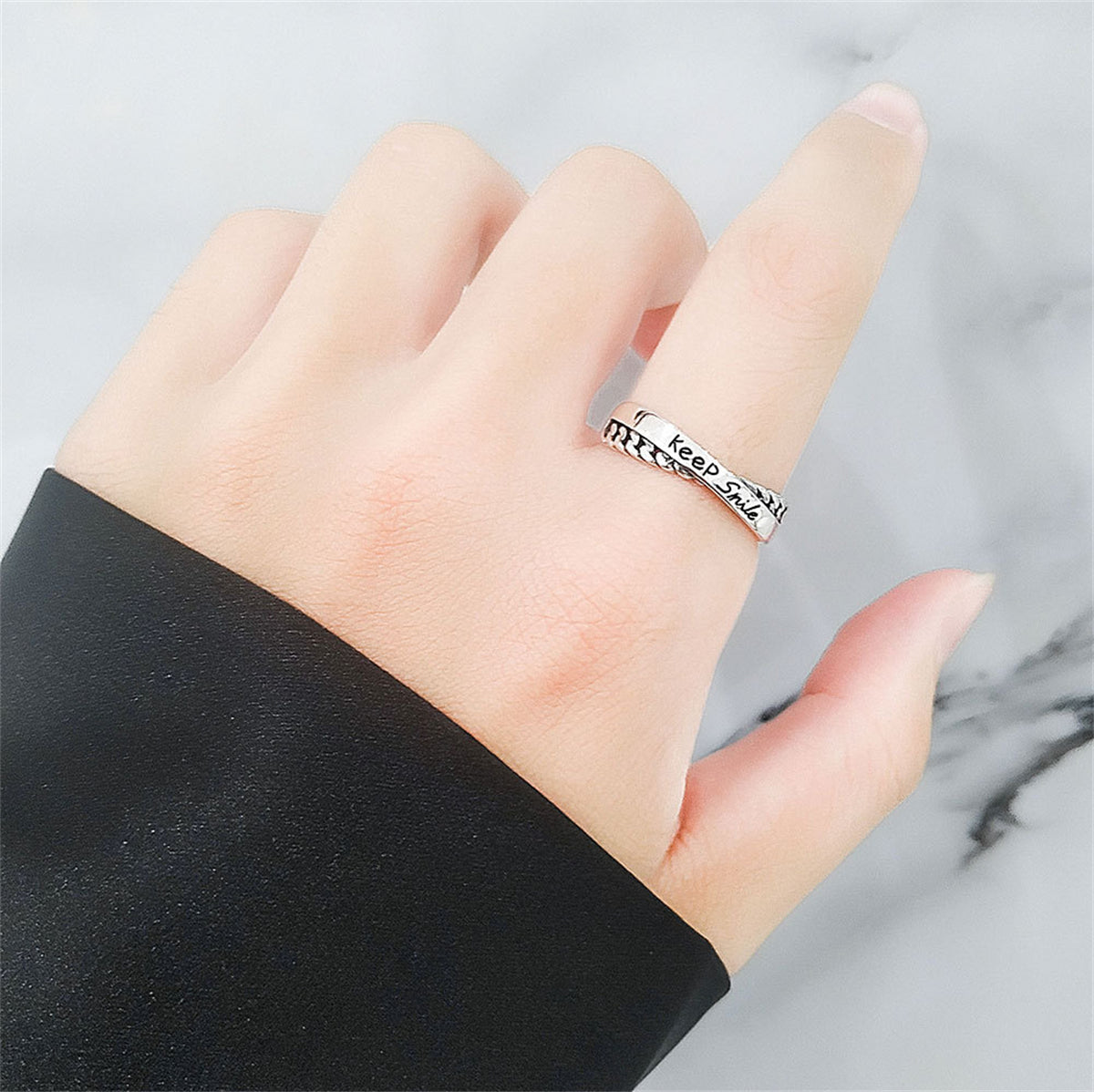 Black Enamel & Silver-Plated Crisscross Twine 'Keep Smile' Adjustable Ring