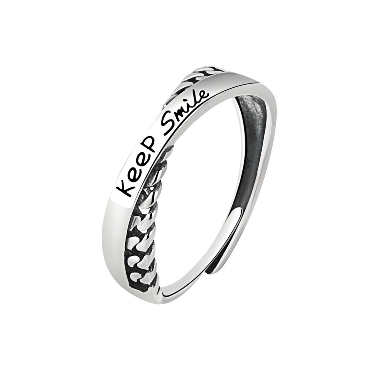 Black Enamel & Silver-Plated Crisscross Twine 'Keep Smile' Adjustable Ring