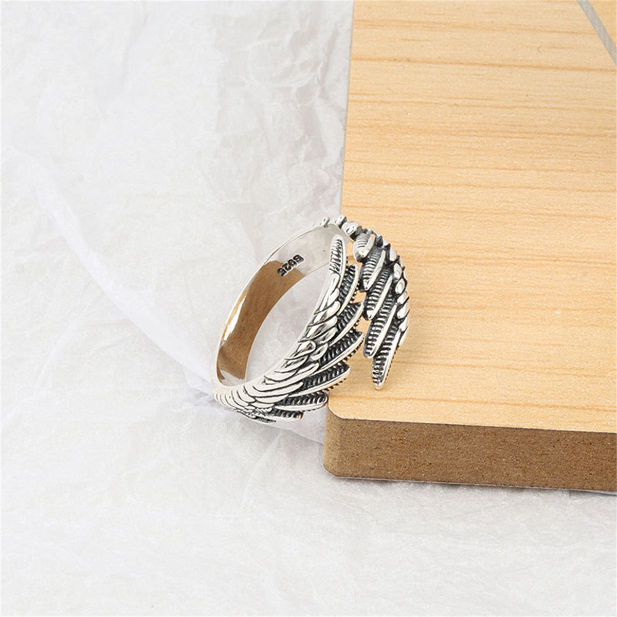 Black Enamel & Silver-Plated Feather Bypass Ring