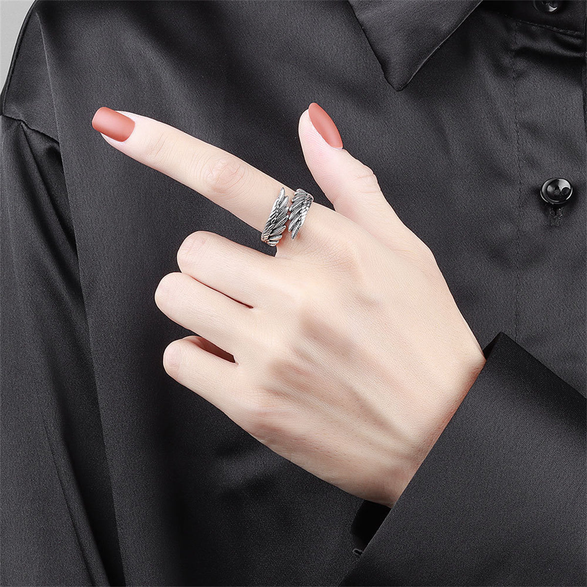 Black Enamel & Silver-Plated Feather Bypass Ring