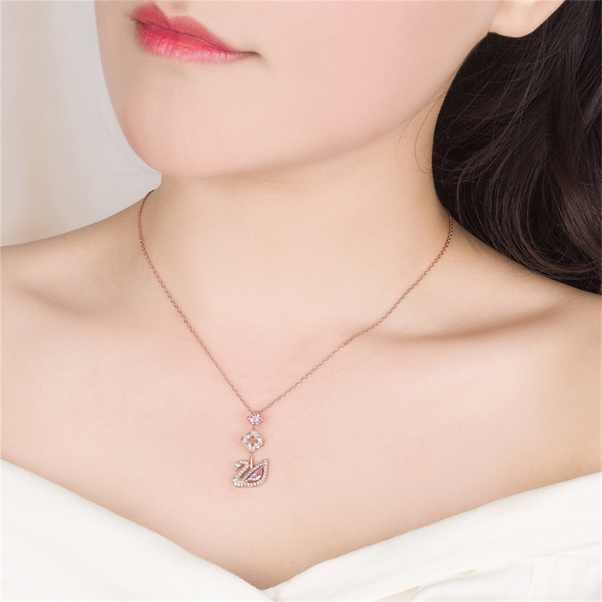 Pink Crystal & Cubic Zirconia Swan Pendant Necklace