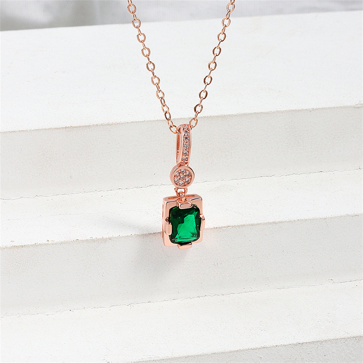 Cubic Zirconia & Green Crystal 18K Rose Gold-Plated Rectangle Pendant Necklace