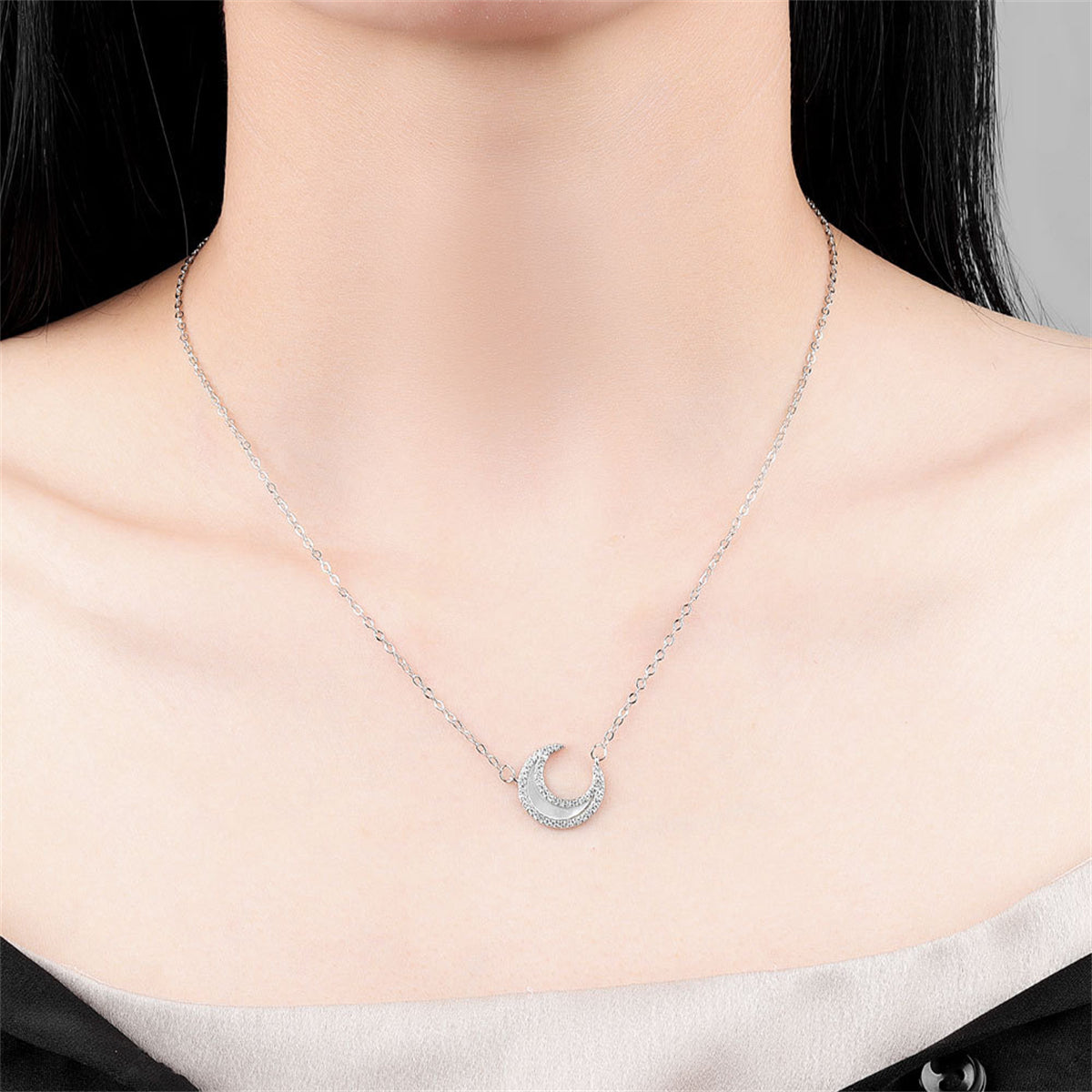 Shell & Cubic Zirconia Silver-Plated Moon Pendant Necklace